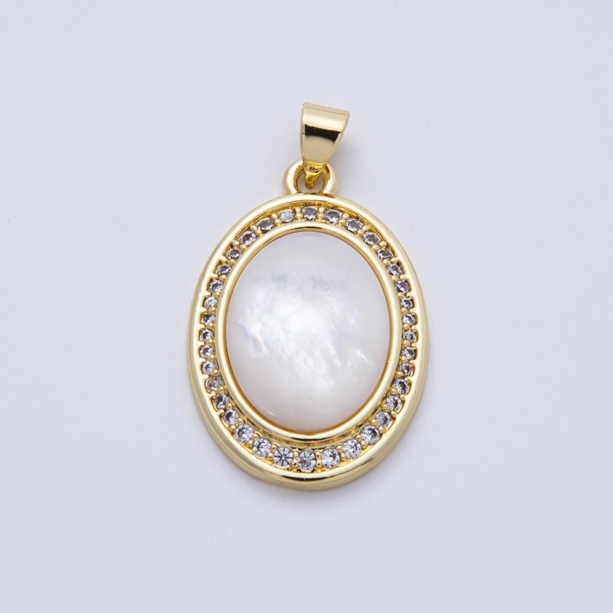 14K Gold Filled 26.5mm Shell Pearl Micro Paved CZ Cabochon Oval Pendant Elegant Jewelry DIY Supply for custom necklace for her | AA1689