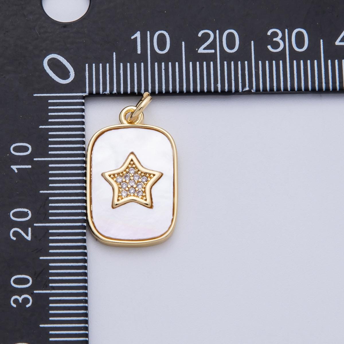 14K Gold Filled 21mm Micro Paved CZ Star Shell Pearl Rectangle Charm celestial pendant minimalist stargazer gift DIY supply | C977