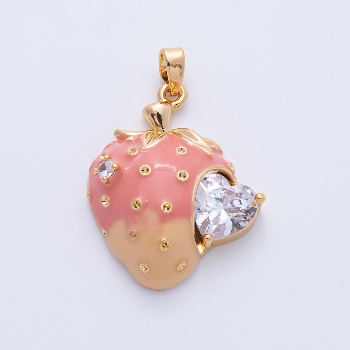 Gold Strawberry Charm, Cubic Zirconia Fruit Pendant, 18k Gold Filled Fruit Charm H-236