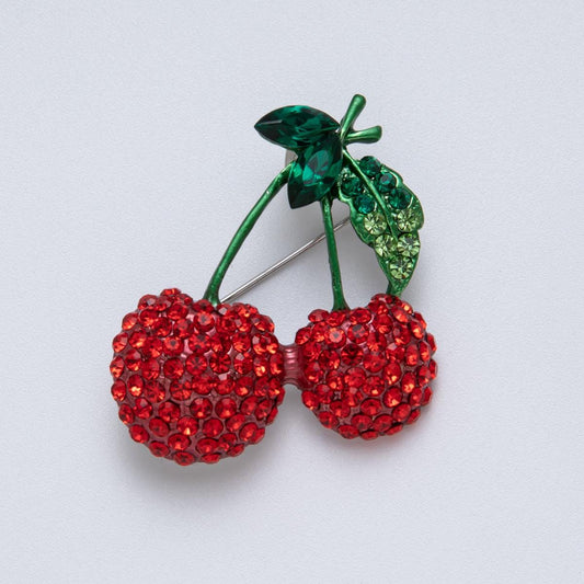 Sterling Silver 38mm Red Rhinestone Cherry Fruit Pin Crystal Vintage Style Brooch Gift Idea for her Cute Accessory for Coats bags | BH093