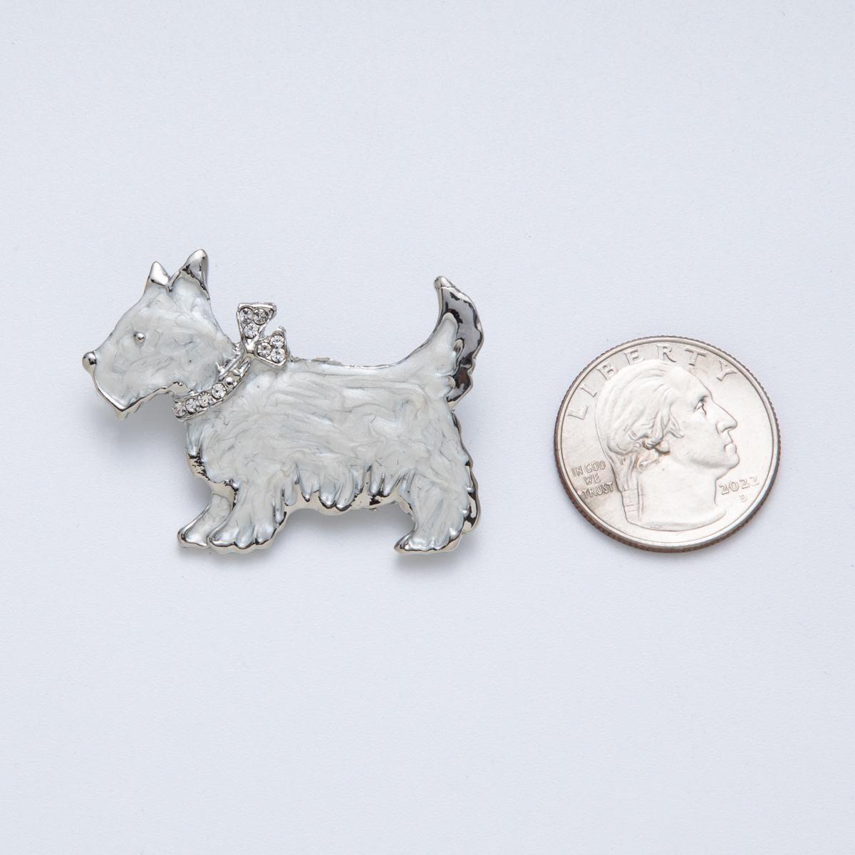 Sterling Silver Metallic Grey 43mm Enamel CZ Cute Puppy Animal Pin Dog Brooch with Rhinestone Collar Scottish Terrier Jewelry | BH094