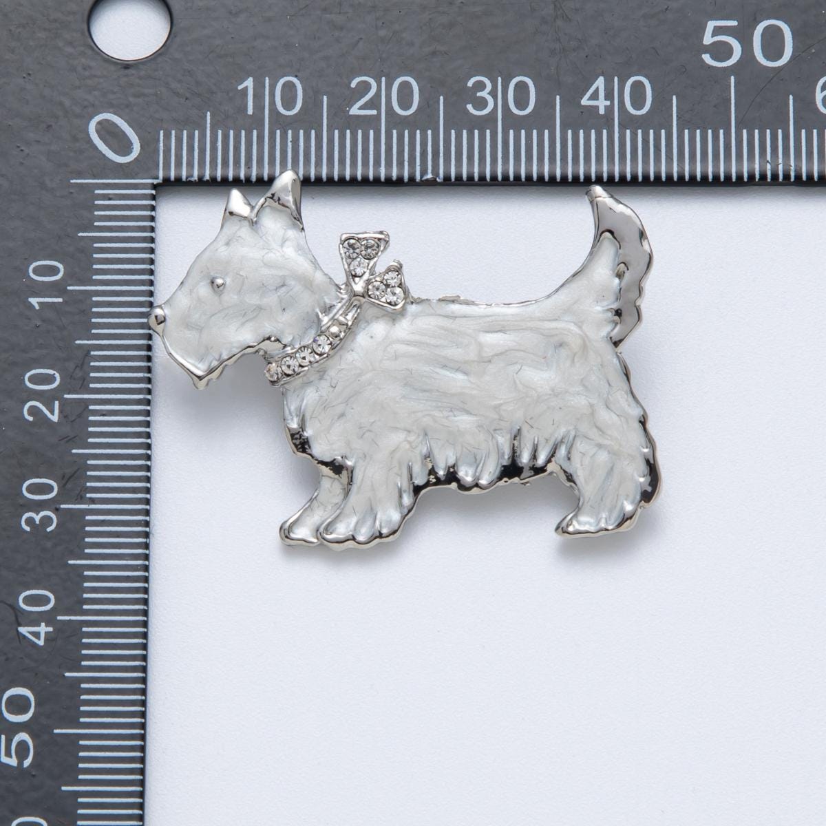 Sterling Silver Metallic Grey 43mm Enamel CZ Cute Puppy Animal Pin Dog Brooch with Rhinestone Collar Scottish Terrier Jewelry | BH094