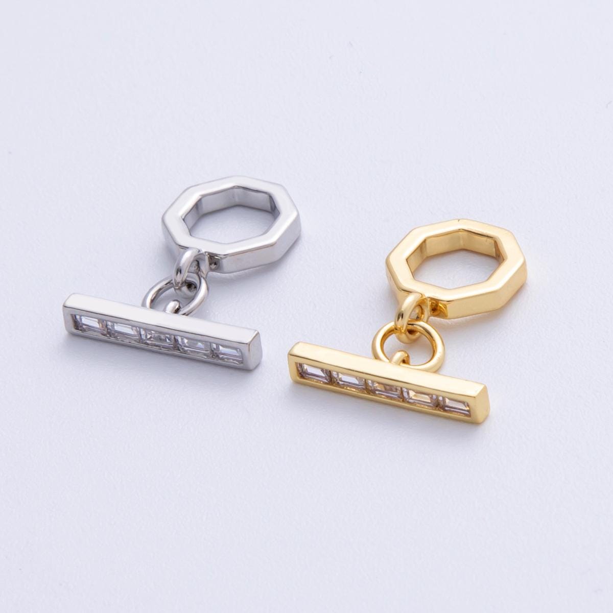 18K Gold Filled 12mm Baguette CZ Hexagon Toggle Clasps Closure in Gold & Silver Geometric DIY Jewelry Making Supply | FINDINGS-00001