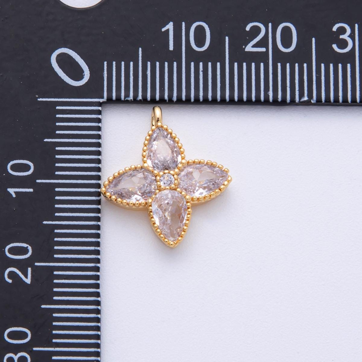 18K Gold Filled 17.1mm Clear CZ Flower Bezel Charm Dainty four leaf clover for necklace bracelet earrings DIY Jewelry Supply Minimal | H239