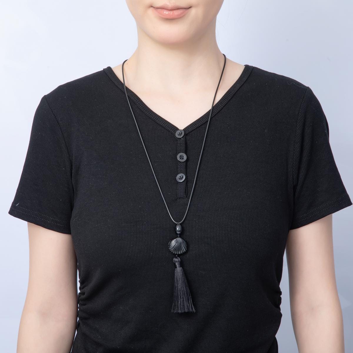 Minimalist Black Bead Necklace with Tassel Long Cord Pendant Necklace 29 Inch | Neck-80000