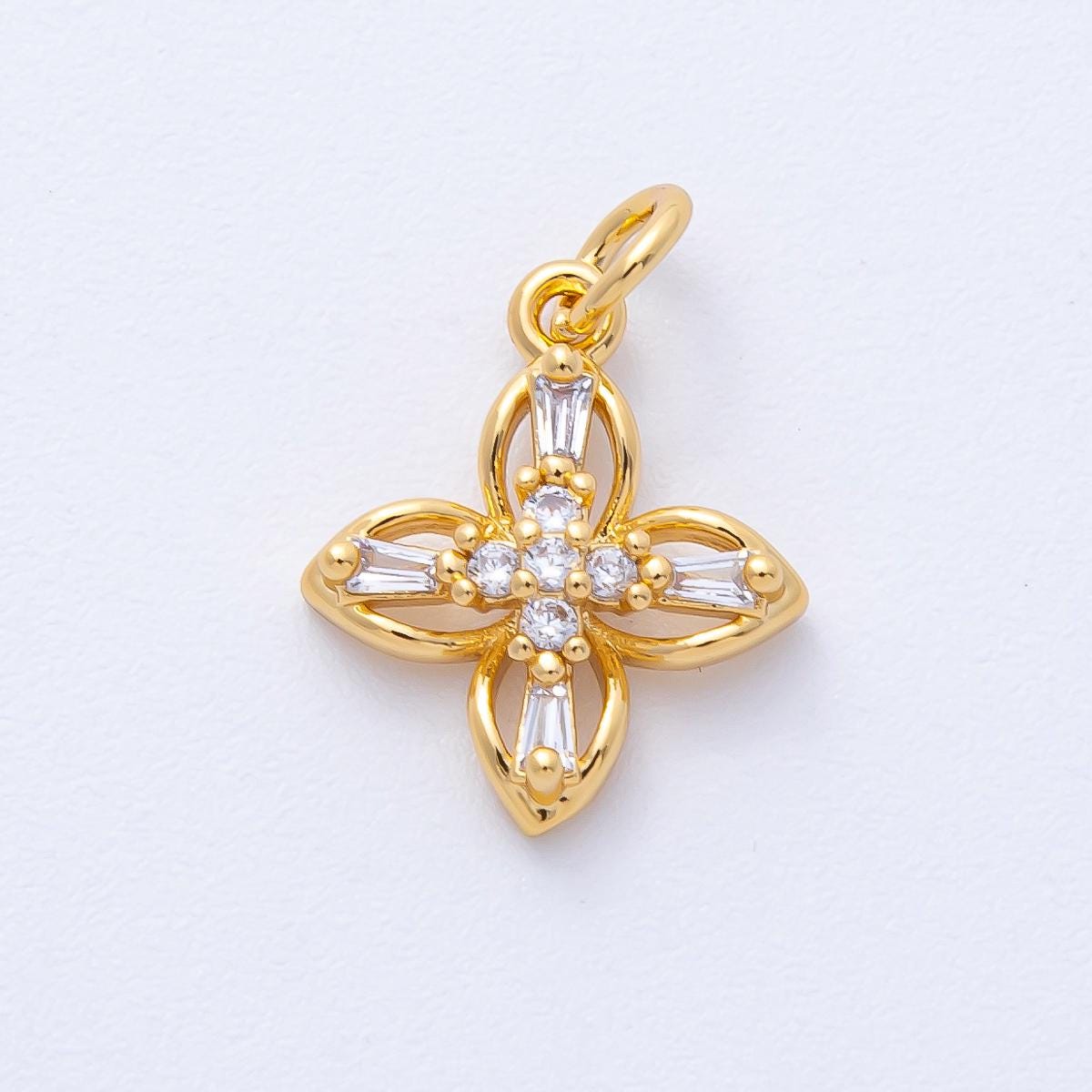 18K Gold Filled 16mm Clear Baguette Micro Paved CZ Clover Flower Charm Dainty floral pendant for custom necklace bracelet | AK176