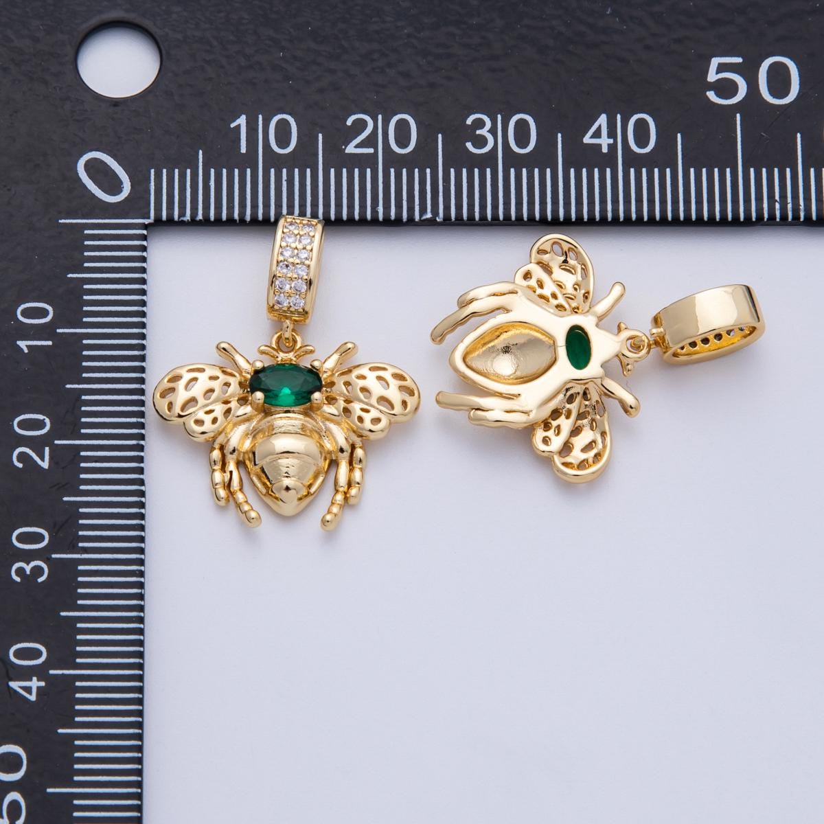 14K Gold Filled 22mm Green Micro Paved CZ Bumble Bee Insect Pendant Nature Lover Gift DIY Jewelry Supply for custom necklace | Charms-00089