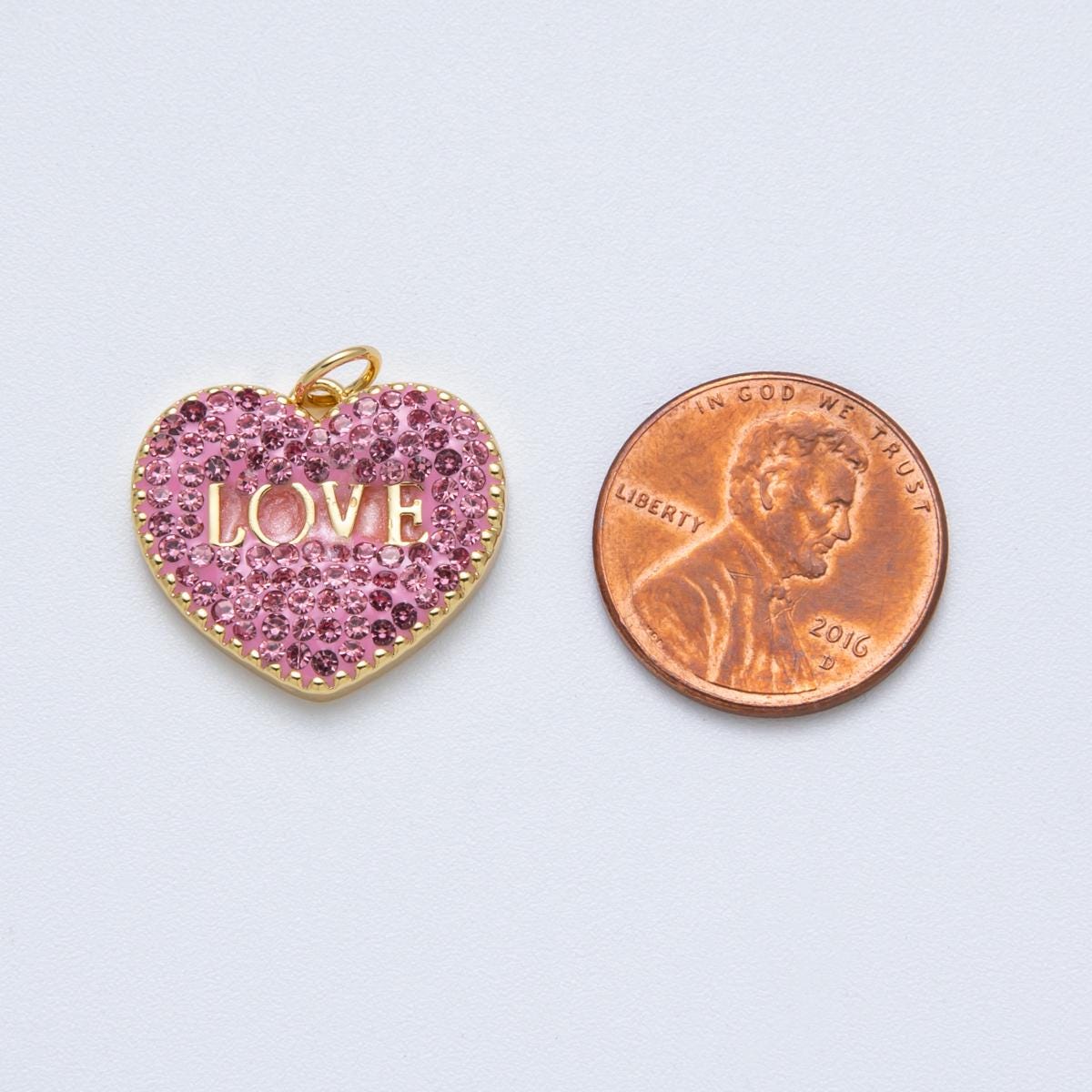 Pink Rhinestone heart Love 14k gold filled pendant | Charms-00067