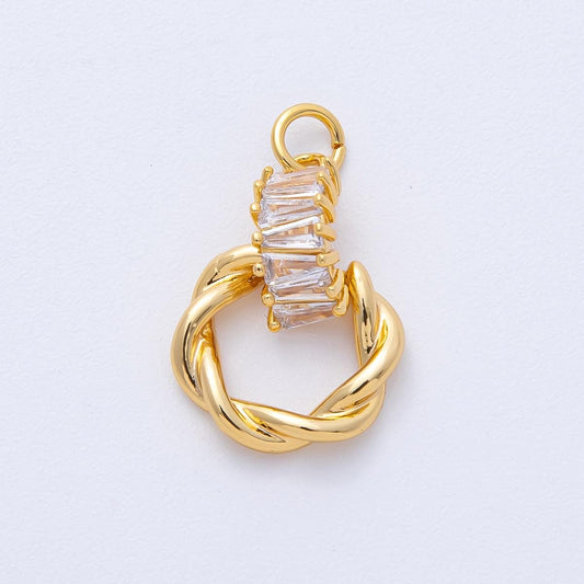 18K Gold Filled 20mm Clear Baguette CZ Twisted Round Drop Charm Interlocking Link Connector DIY Jewelry Supply for necklace | Charms-00049