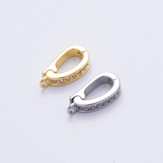 18K Gold Filled 14mm Oval CZ Micro Pave Snap-On Clasp DIY Supply Finding in Gold & Silver Enhancer Bail Pull-Open Connector | SUPP-2905