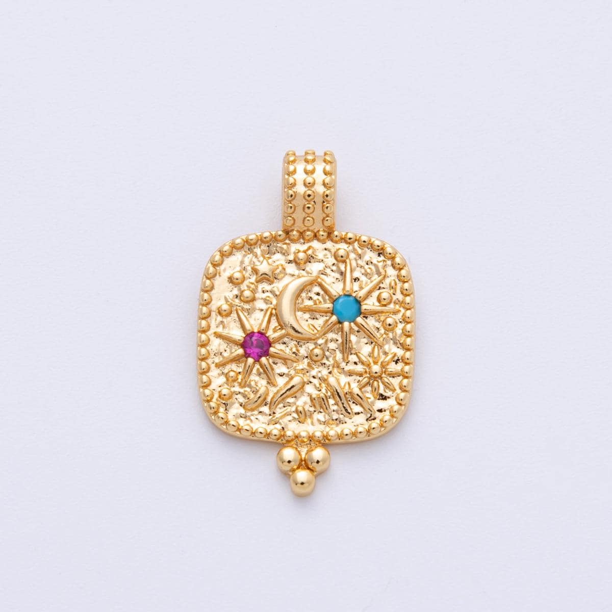 14K Gold Filled 20.8mm Colorful Moon And Star CZ Celestial Textured Pendant Artisan Jewelry Supply for custom Necklace | Pendants-100102