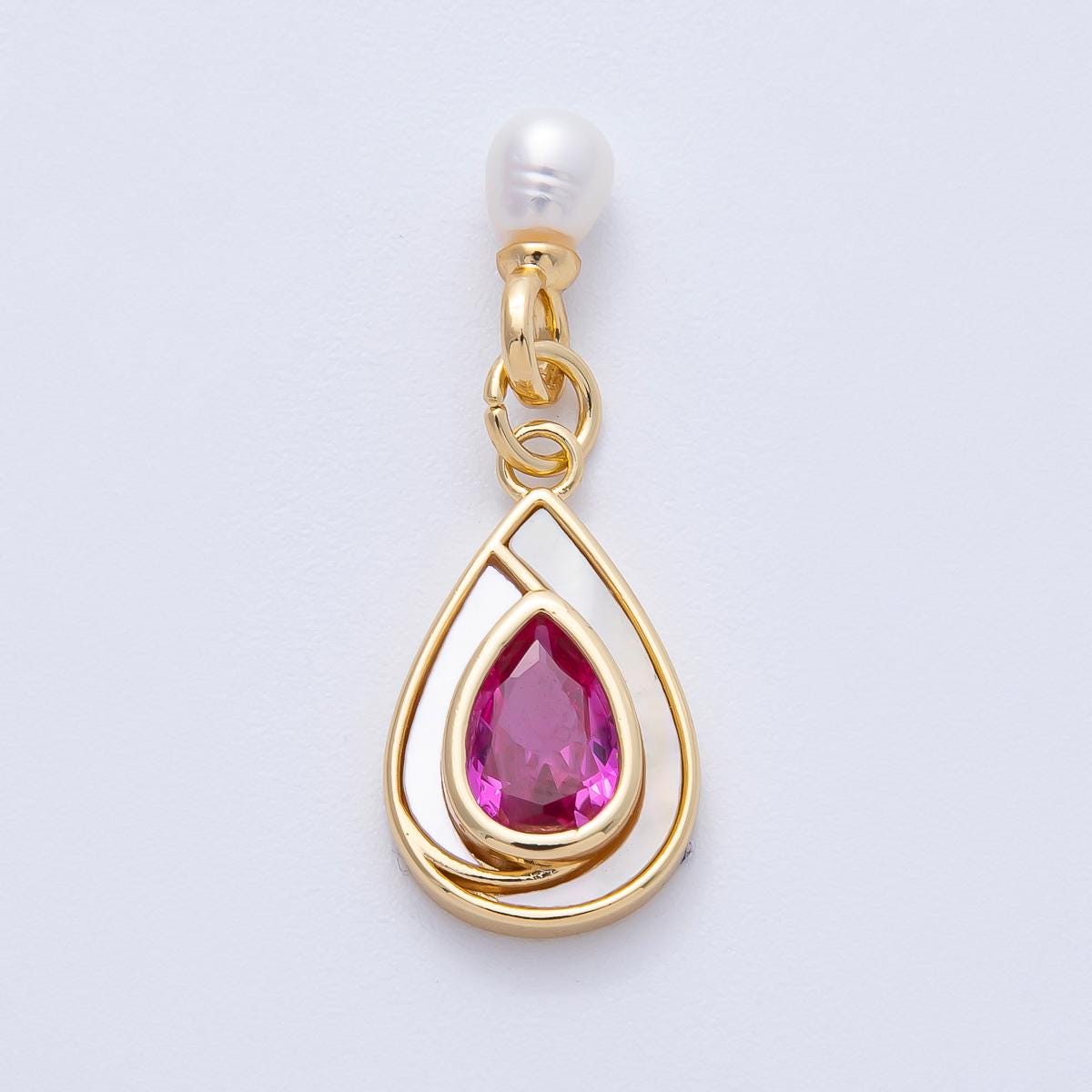 Dainty tear drop Green Pink Cubic Zirconia Stone pearl charm for bracelet necklace component Findings-400002