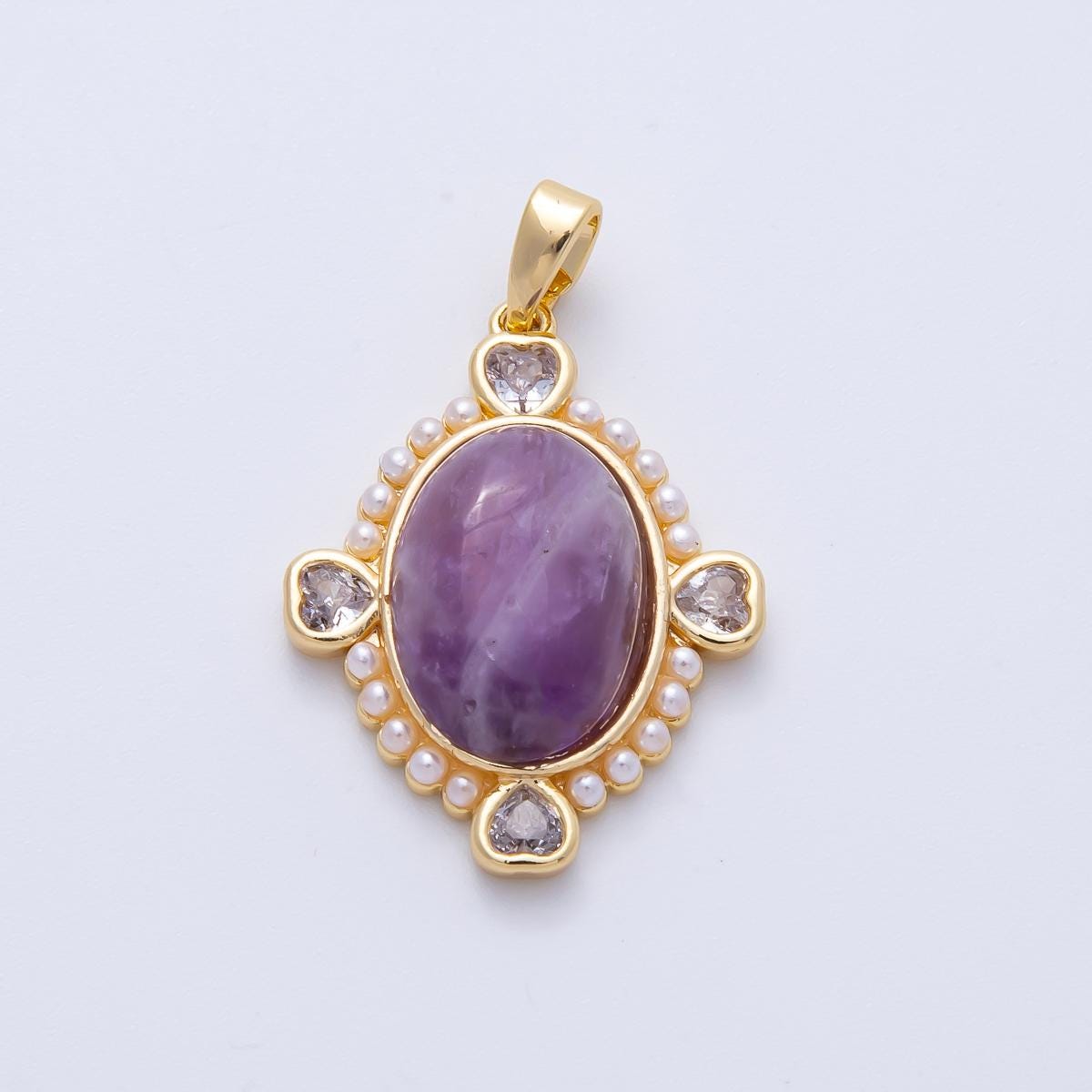 18K Gold Filled 24.6mm White Shell Pearl Heart CZ Shaped Oval Natural Gemstone Pendant DIY Supply for custom Necklace | CHARMS-00078
