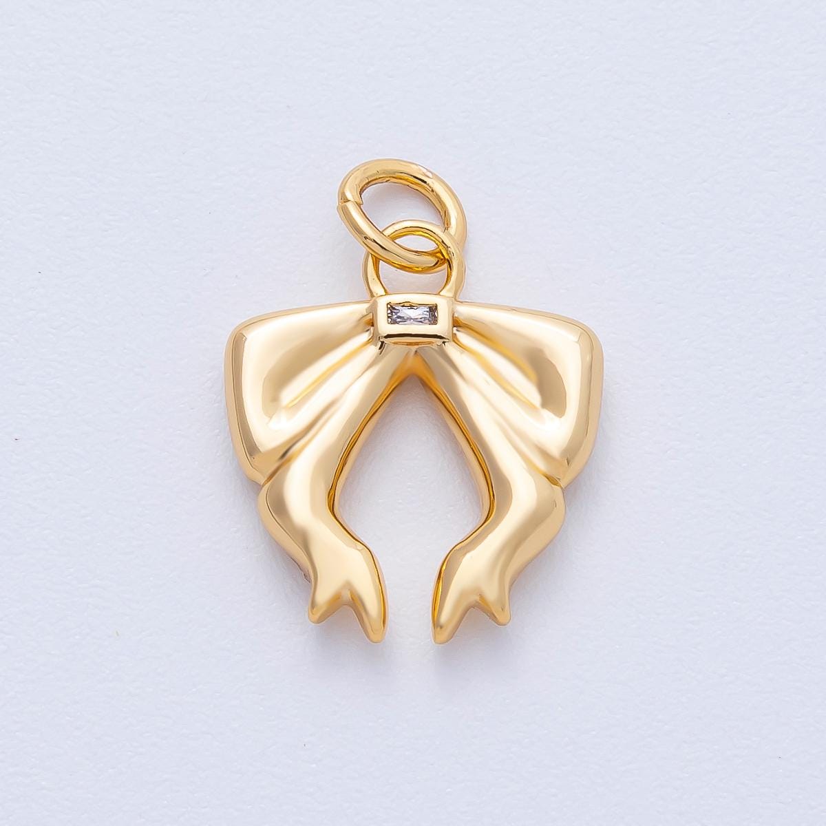 18K Gold Filled 16mm Baguette CZ Ribbon Bow Charm Minimalist Jewelry Girly Aesthetic Pendant DIY Supply for custom necklace | Charms-00053