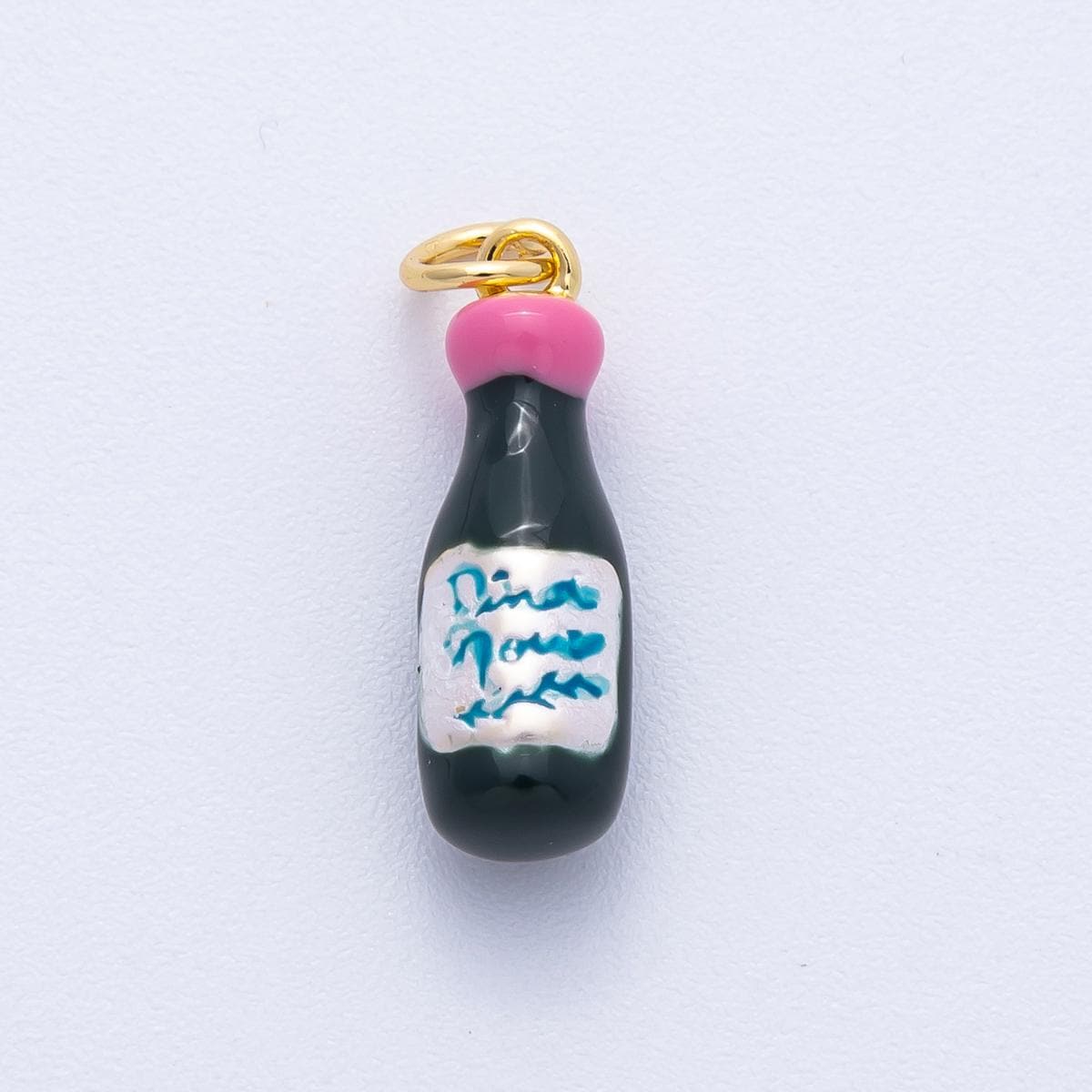 18K Gold Filled 20mm Pink & Green Enamel Champagne Bottle Charm Vintage-Style Dina Pendant DIY Jewelry Supply for Necklace | Charms-100013