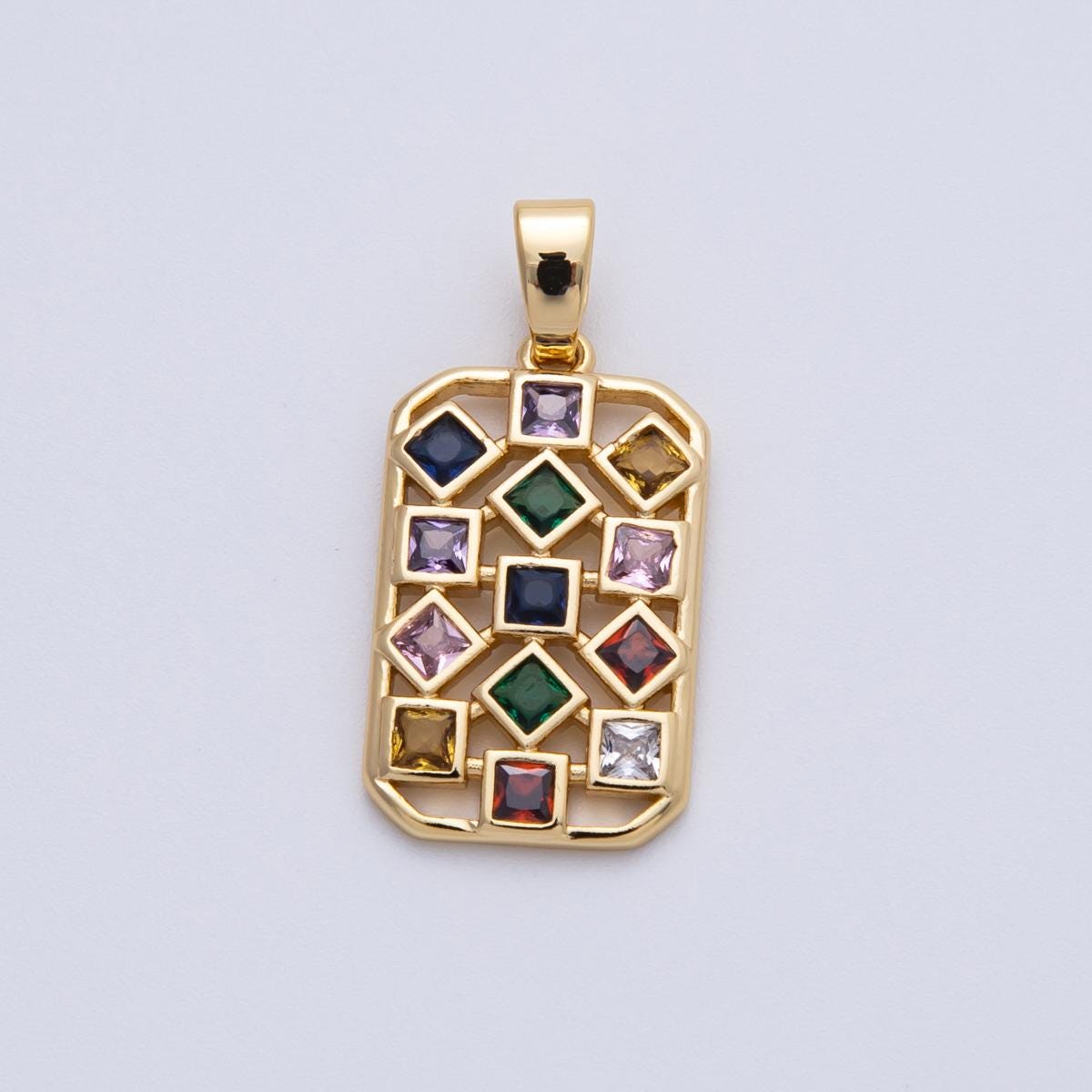 18K Gold Filled 22.5mm Multicolor CZ Rhombus Rectangular Pendant Vibrant Assortment square cut gemstones DIY Jewelry Supply | Charms-00091