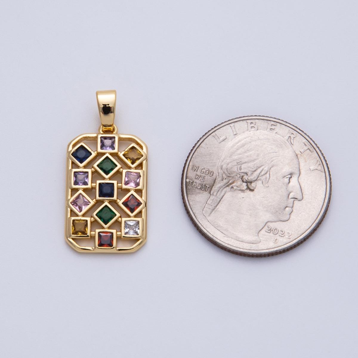 18K Gold Filled 22.5mm Multicolor CZ Rhombus Rectangular Pendant Vibrant Assortment square cut gemstones DIY Jewelry Supply | Charms-00091