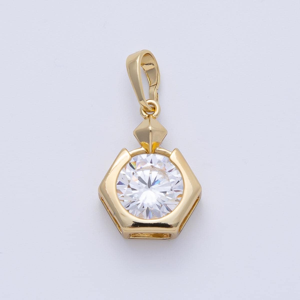 18.1mm 14k gold filled Hexagon Bezel Pendant Clear CZ Round Solitaire Charm Geometric DIY Jewelry Supply custom necklace | Pendants-100107