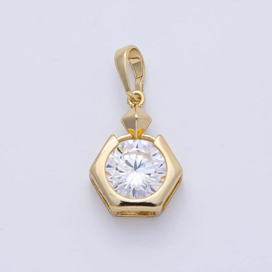 18.1mm 14k gold filled Hexagon Bezel Pendant Clear CZ Round Solitaire Charm Geometric DIY Jewelry Supply custom necklace | Pendants-100107