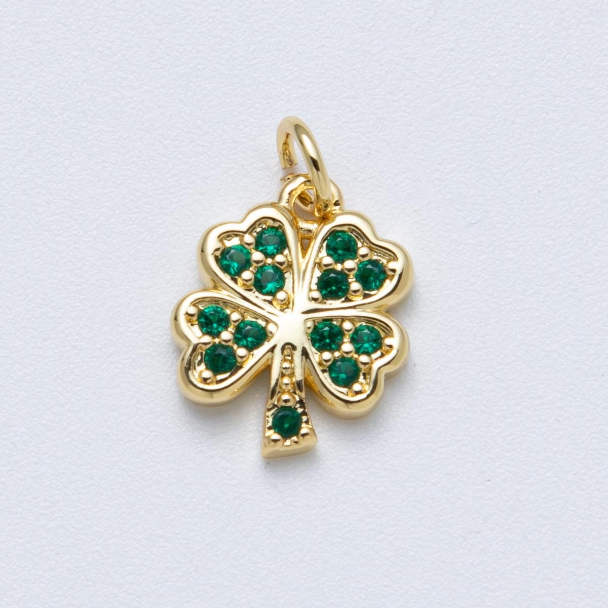 14K Gold Filled 13.5mm Green Micro Paved CZ Lucky Clover Flower Charm St. Patrick's Day Pendant Dainty Necklace DIY Supply | Charms-00042
