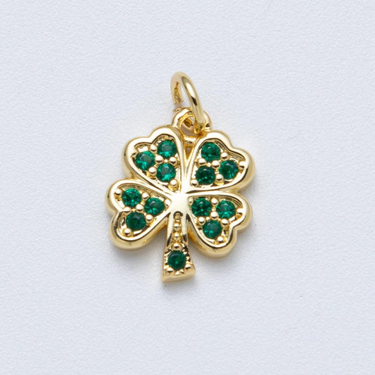 14K Gold Filled 13.5mm Green Micro Paved CZ Lucky Clover Flower Charm St. Patrick's Day Pendant Dainty Necklace DIY Supply | Charms-00042