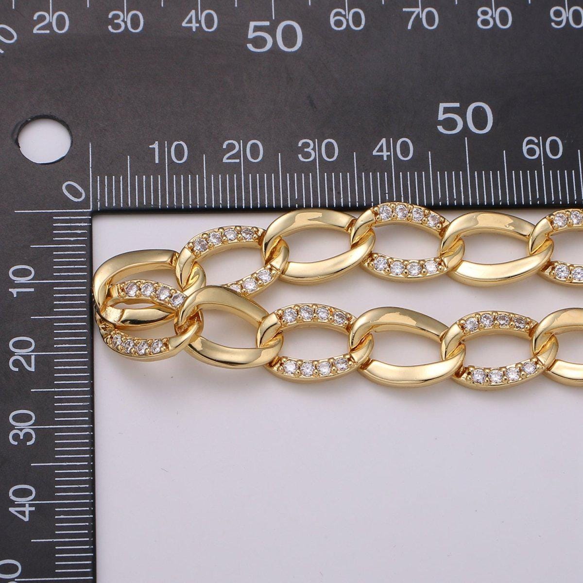 Gold Micro Pave Chain CZ Oval Cable Chain Specialty Link Micro Pave Clear Chain Chunky Chain 15.2 x 10.4mm | WA-A1406