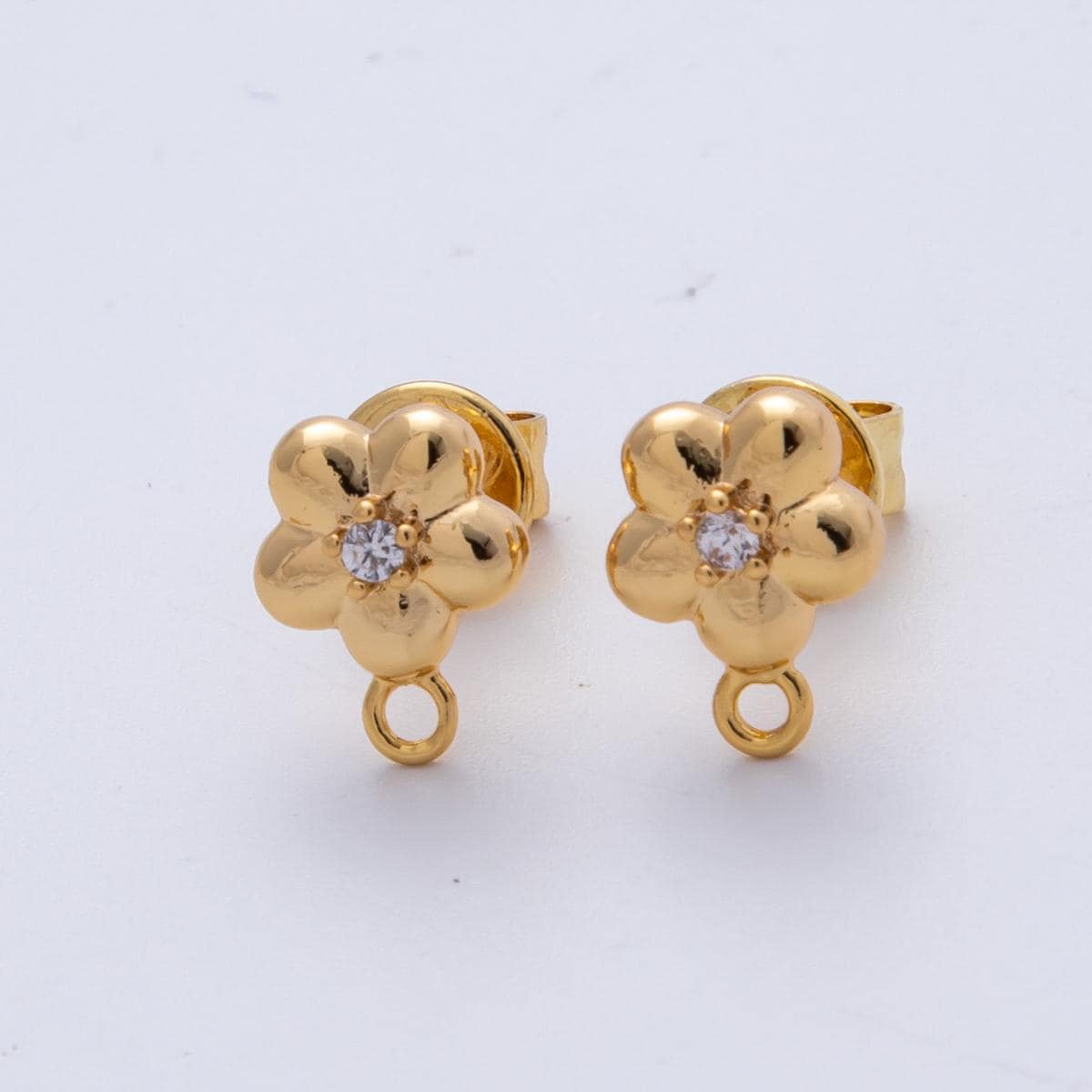 Gold Flower Earring Posts with Loop, 18K Gold Filled Stud Earring Supply with Closed Link DIY Dangle Earring Making Supplies Findings-00031