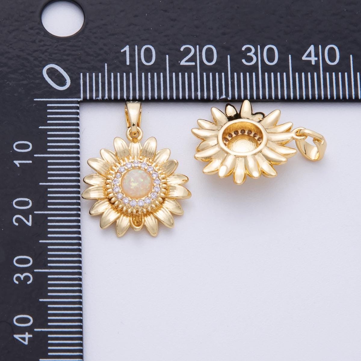 16K Gold Filled 18.5mm White Opal Micro Paved CZ Sunflower Pendant Gold Floral Charm Sunburst Design DIY Jewelry for necklace | Charms-00104