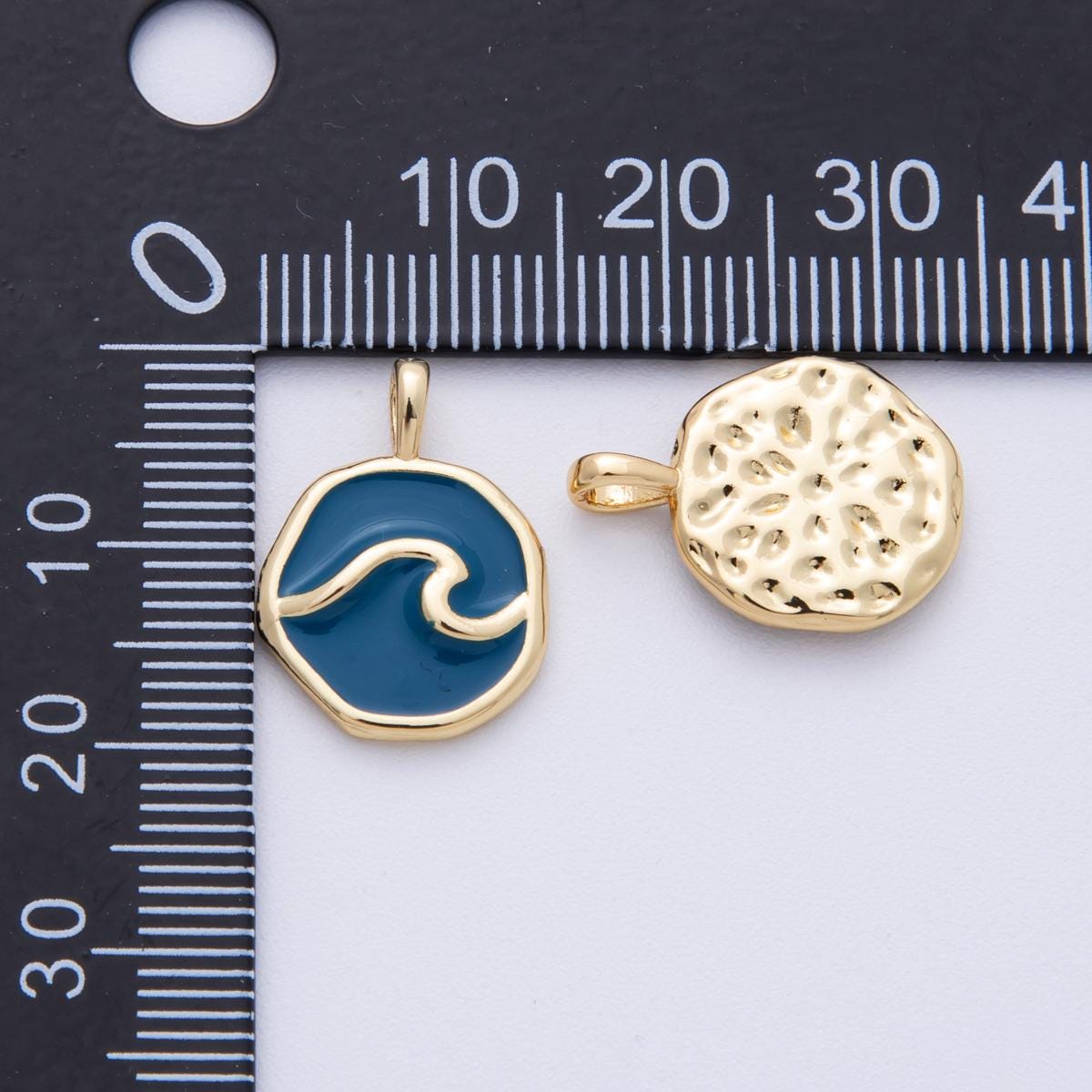 14K Gold Filled 18.7mm Blue Ocean Sea Round Pendant Enamel Wave Charm Minimal Beach Gift DIY Jewelry Making Supply | Charms-00099