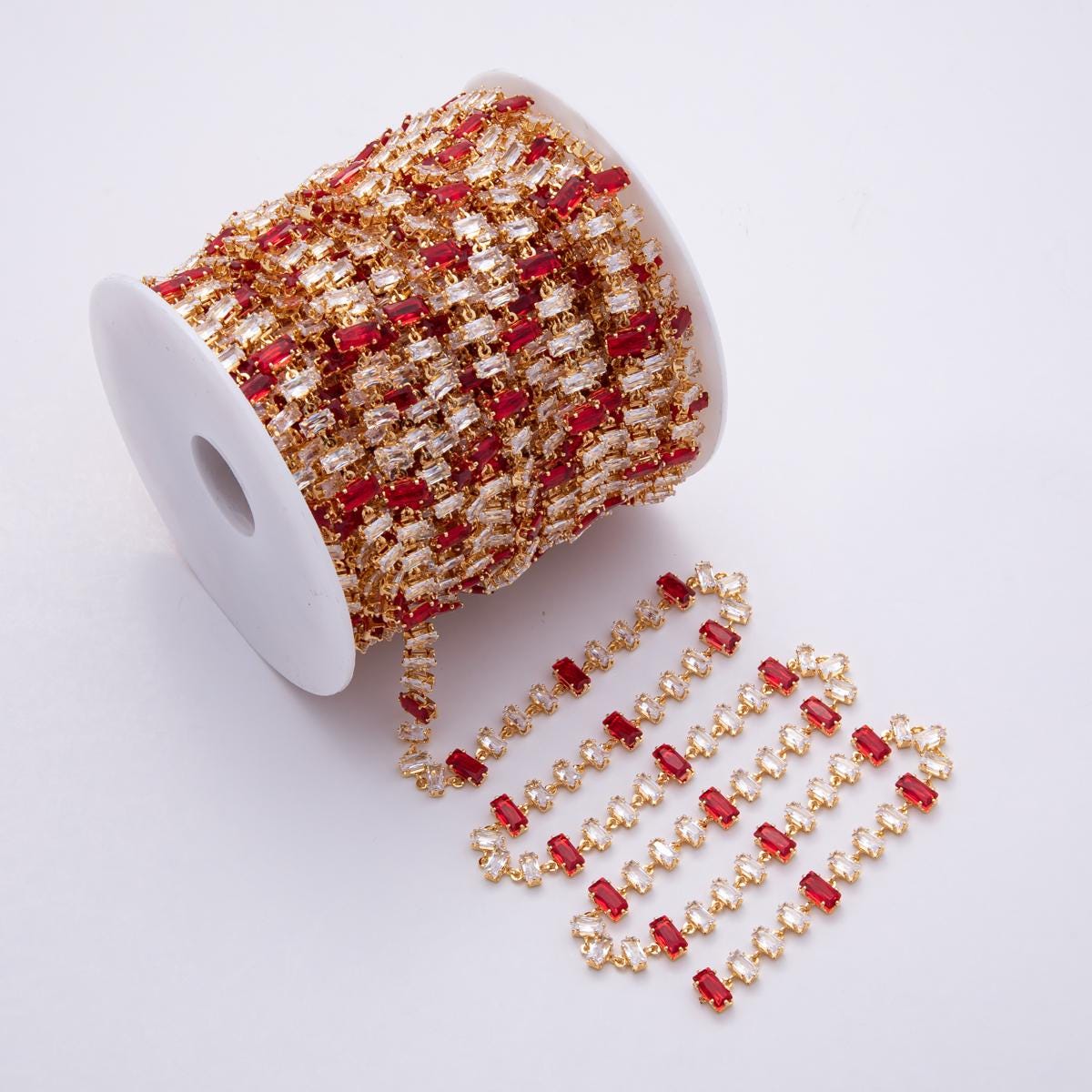 18K Gold Filled 9mm Multicolor Red-Clear Baguette CZ Gemstone Unfinished Chain by Yard for Jewelry Making Supply for Necklace | Roll-1829