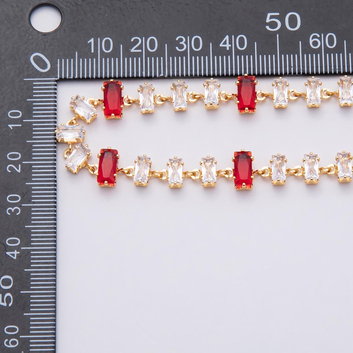 18K Gold Filled 9mm Multicolor Red-Clear Baguette CZ Gemstone Unfinished Chain by Yard for Jewelry Making Supply for Necklace | Roll-1829