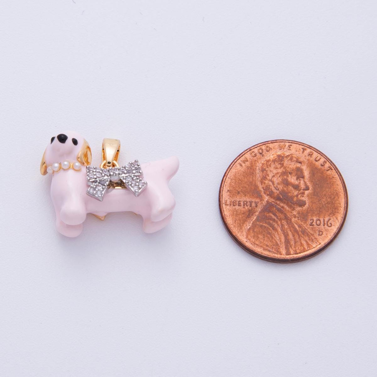 18K Gold Filled 16mm Micro Paved CZ Shell Pearl Pink Dog Pet 3D Multidimensional Pendant with crystal bow Puppy Charm Custom | Charms-00113