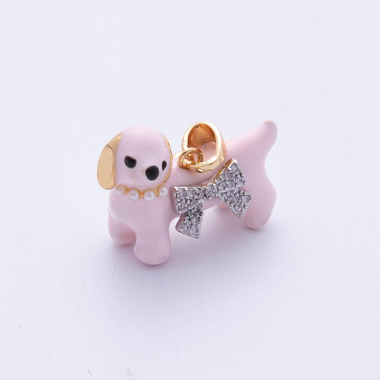 18K Gold Filled 16mm Micro Paved CZ Shell Pearl Pink Dog Pet 3D Multidimensional Pendant with crystal bow Puppy Charm Custom | Charms-00113