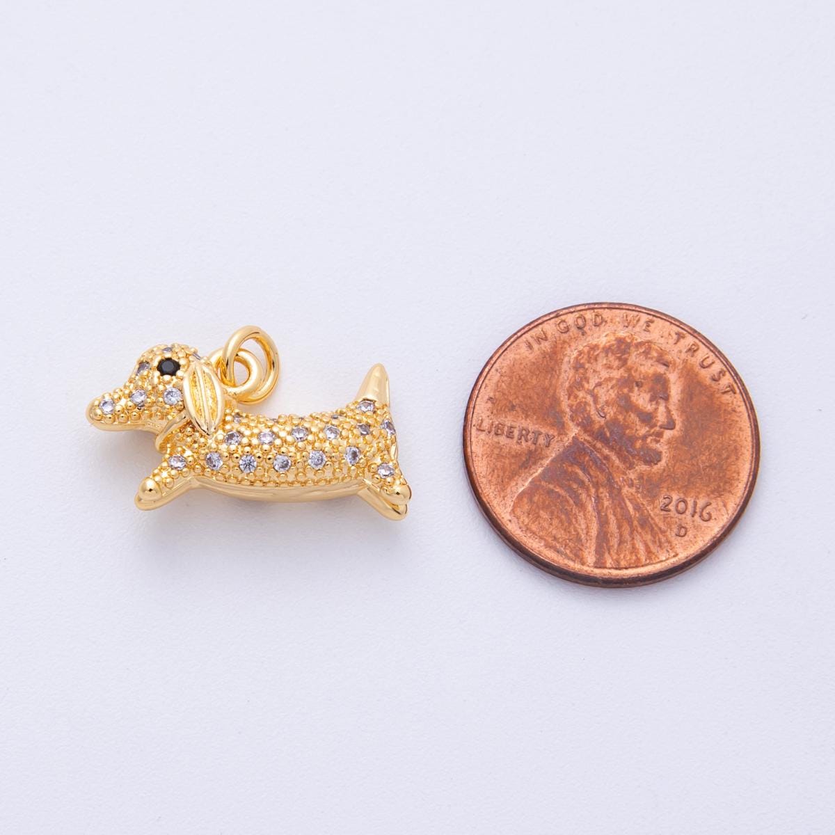 18K Gold Filled 19.5mm Micro Paved Dachshund Wiener Dog Pet Animal 3D Multidimensional Charms Cute Pup Lover Gift Supply | Charms-00108