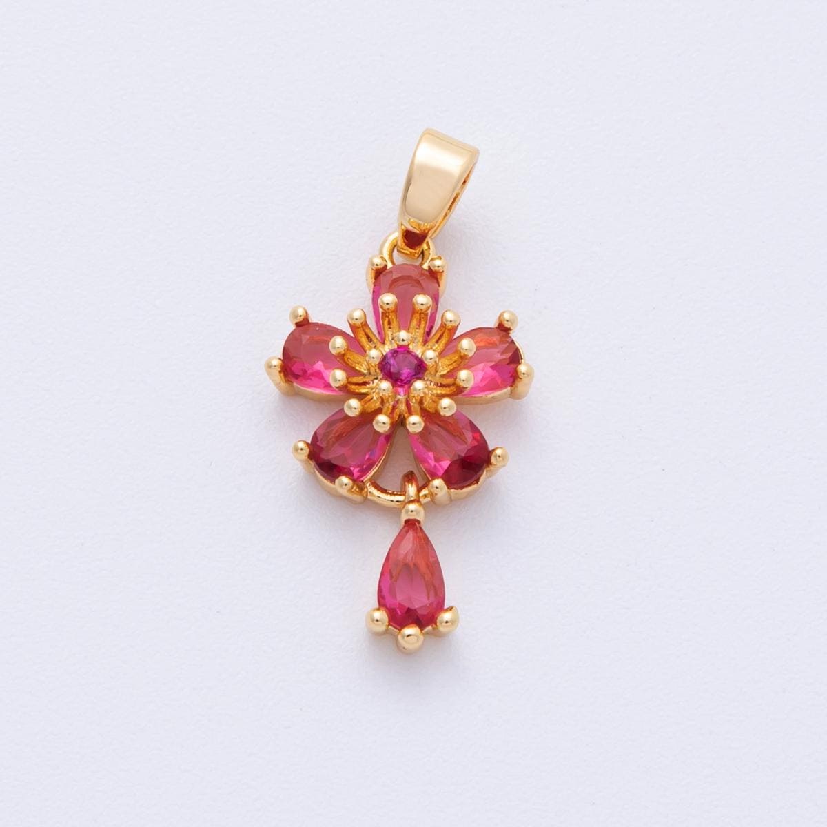 18K Gold Filled 20mm Red CZ Flower Drop Charms Dainty Ruby Gemstone Necklace Minimalist Jewelry Making Supply | Charms-00109