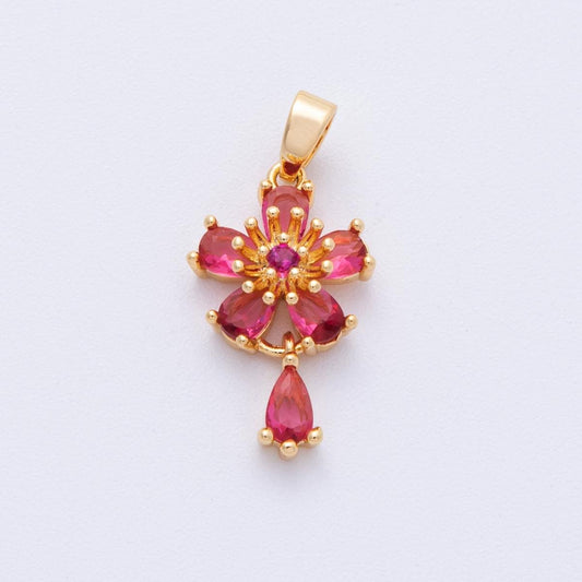 18K Gold Filled 20mm Red CZ Flower Drop Charms Dainty Ruby Gemstone Necklace Minimalist Jewelry Making Supply | Charms-00109