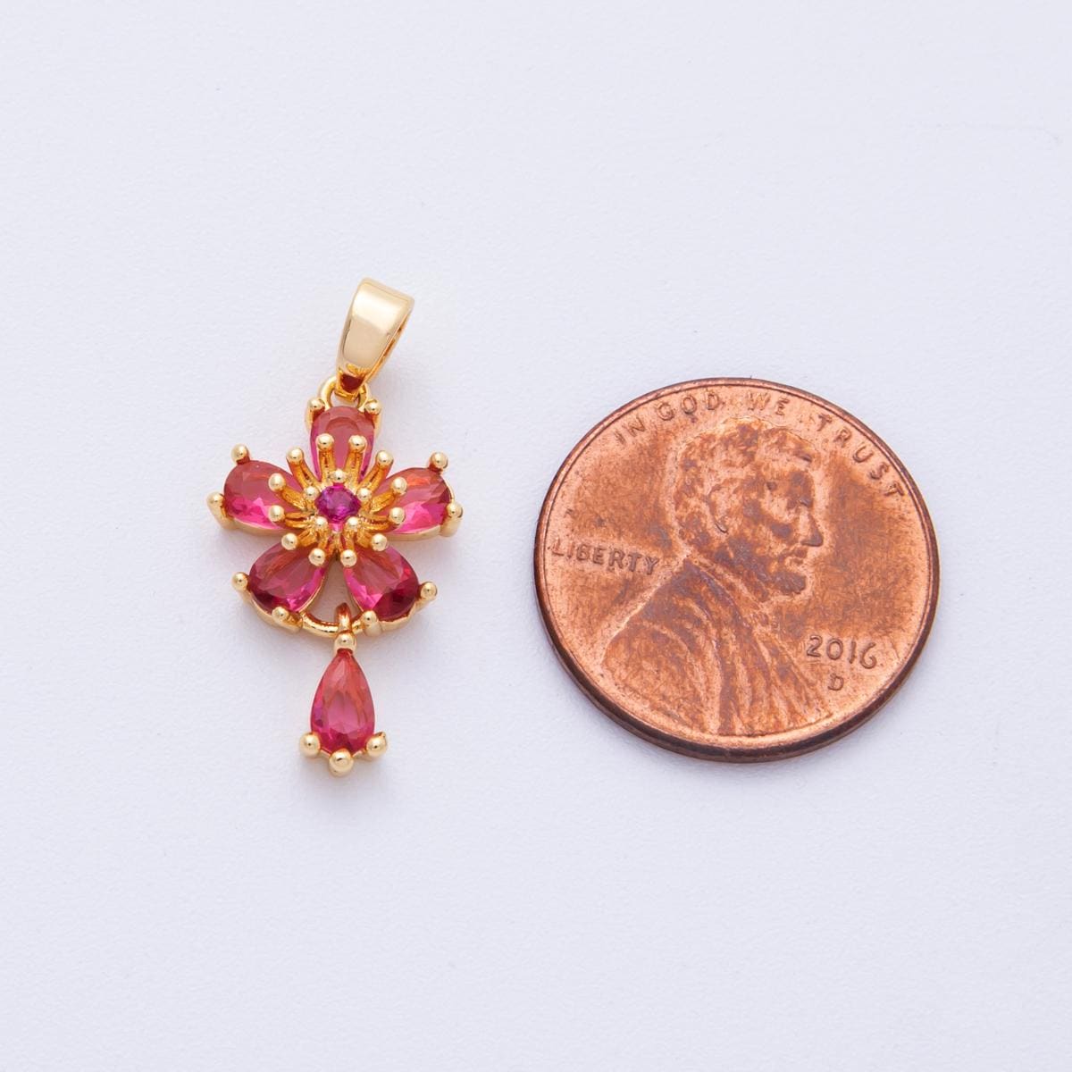 18K Gold Filled 20mm Red CZ Flower Drop Charms Dainty Ruby Gemstone Necklace Minimalist Jewelry Making Supply | Charms-00109