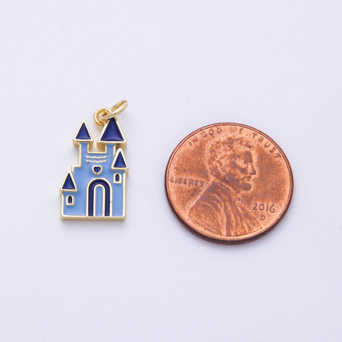 18k Gold Filled Castle Charm Blue Magical Kingdom Pendant Bracelet Necklace Earring Charm Component | Charms-00100
