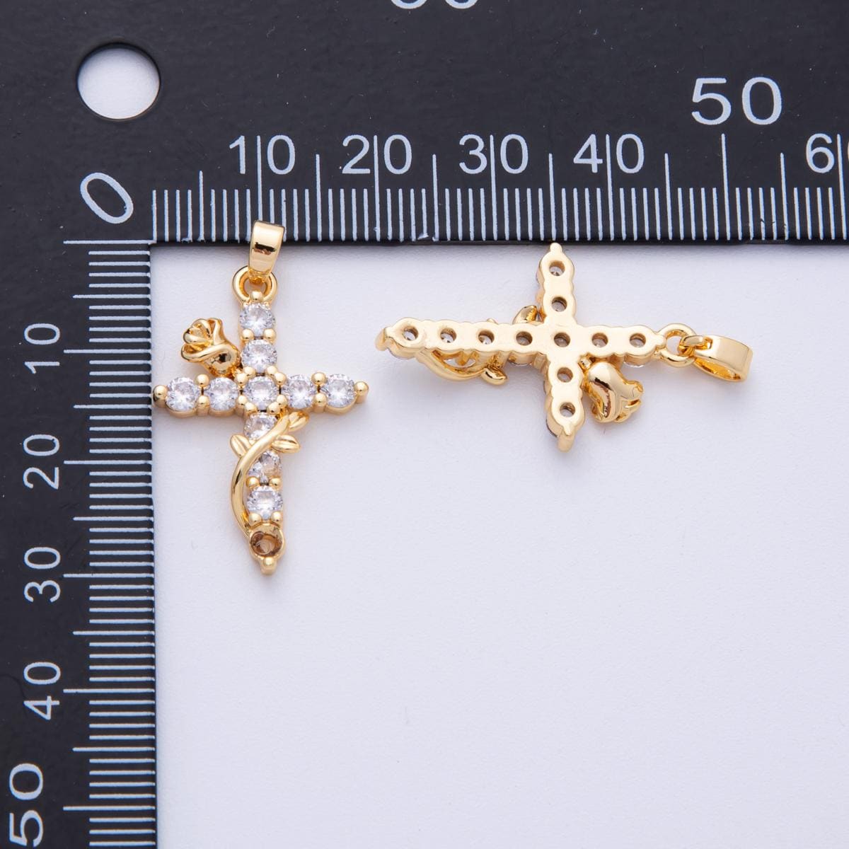 18K Gold Filled 28mm Clear CZ Religious Cross Rose Flower Pendant Unique Communion Gift DIY Jewelry Supply for custom pieces | Charms-00111