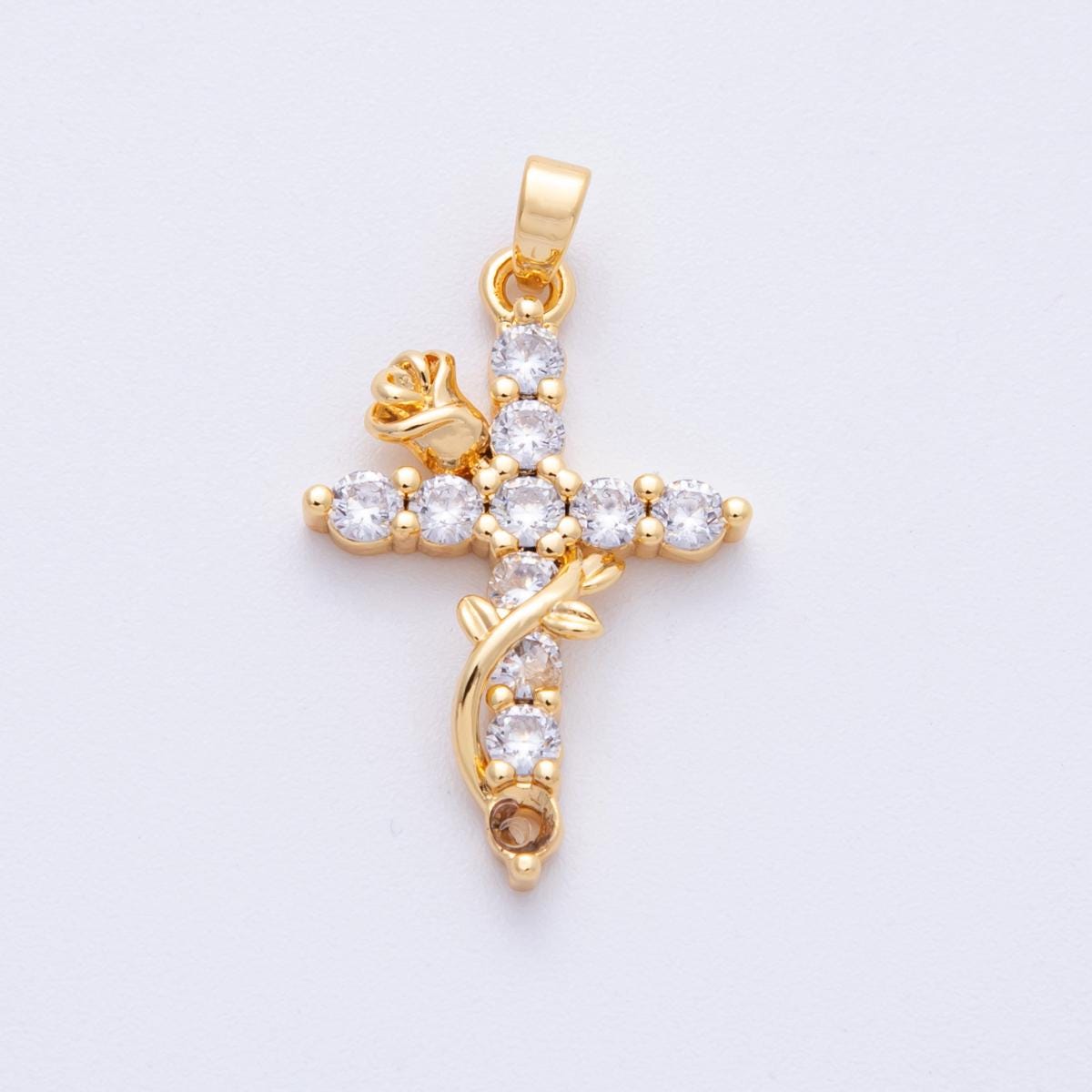 18K Gold Filled 28mm Clear CZ Religious Cross Rose Flower Pendant Unique Communion Gift DIY Jewelry Supply for custom pieces | Charms-00111