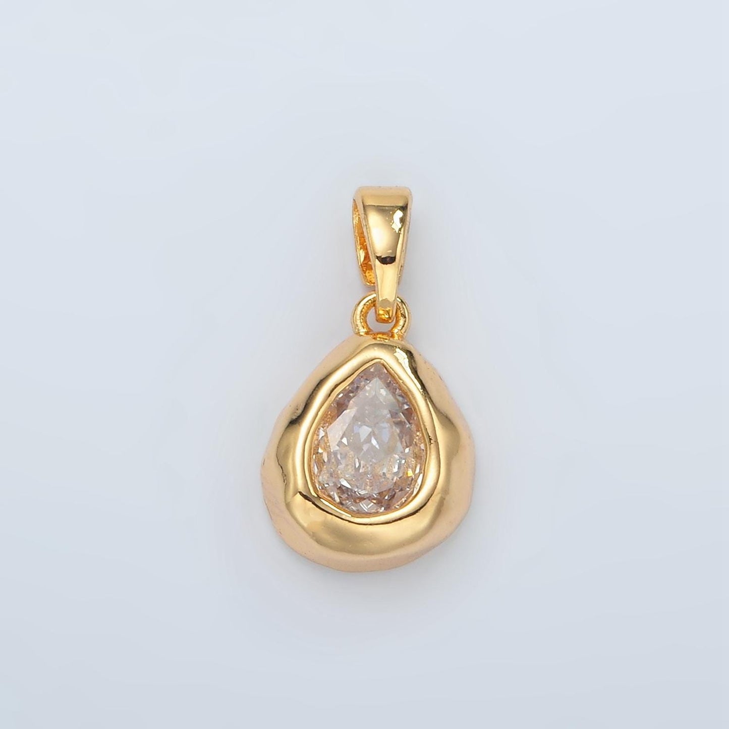 24K Gold Filled Clear CZ Oval Abstract Pendant Geometric Hammered Molten Charm |  H515