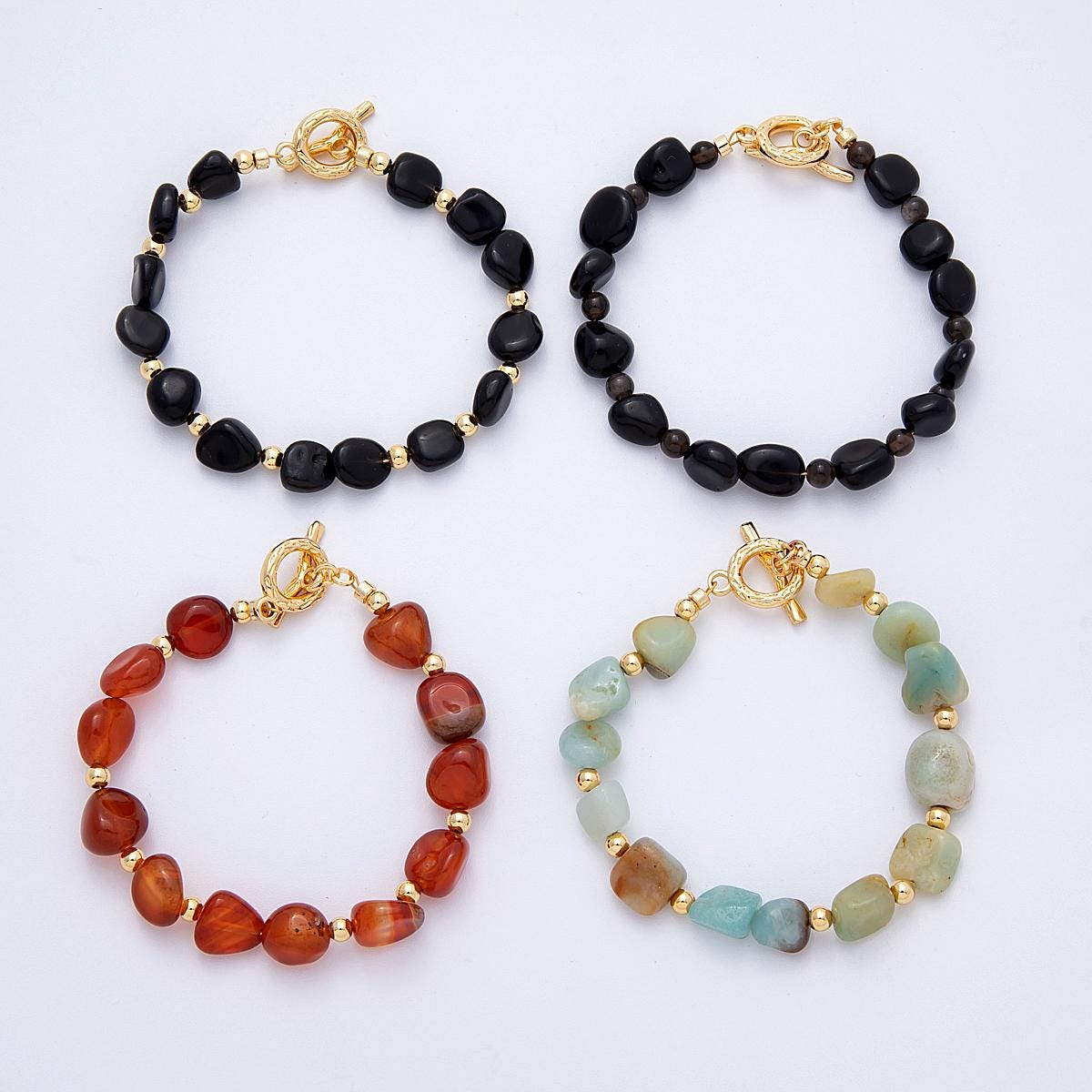 Handcrafted Chunky 18K Gold Filled Black Agate, Amazon, Carnelian Gemstone Cluster Beaded Bracelet with Gold Accent | WA-4109