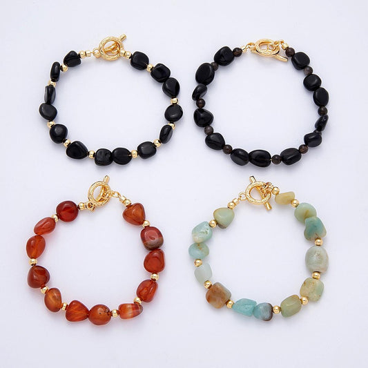 Handcrafted Chunky 18K Gold Filled Black Agate, Amazon, Carnelian Gemstone Cluster Beaded Bracelet with Gold Accent | WA-4109