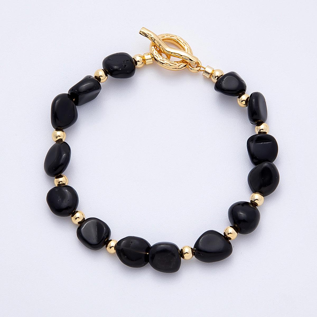 Handcrafted Chunky 18K Gold Filled Black Agate, Amazon, Carnelian Gemstone Cluster Beaded Bracelet with Gold Accent | WA-4109