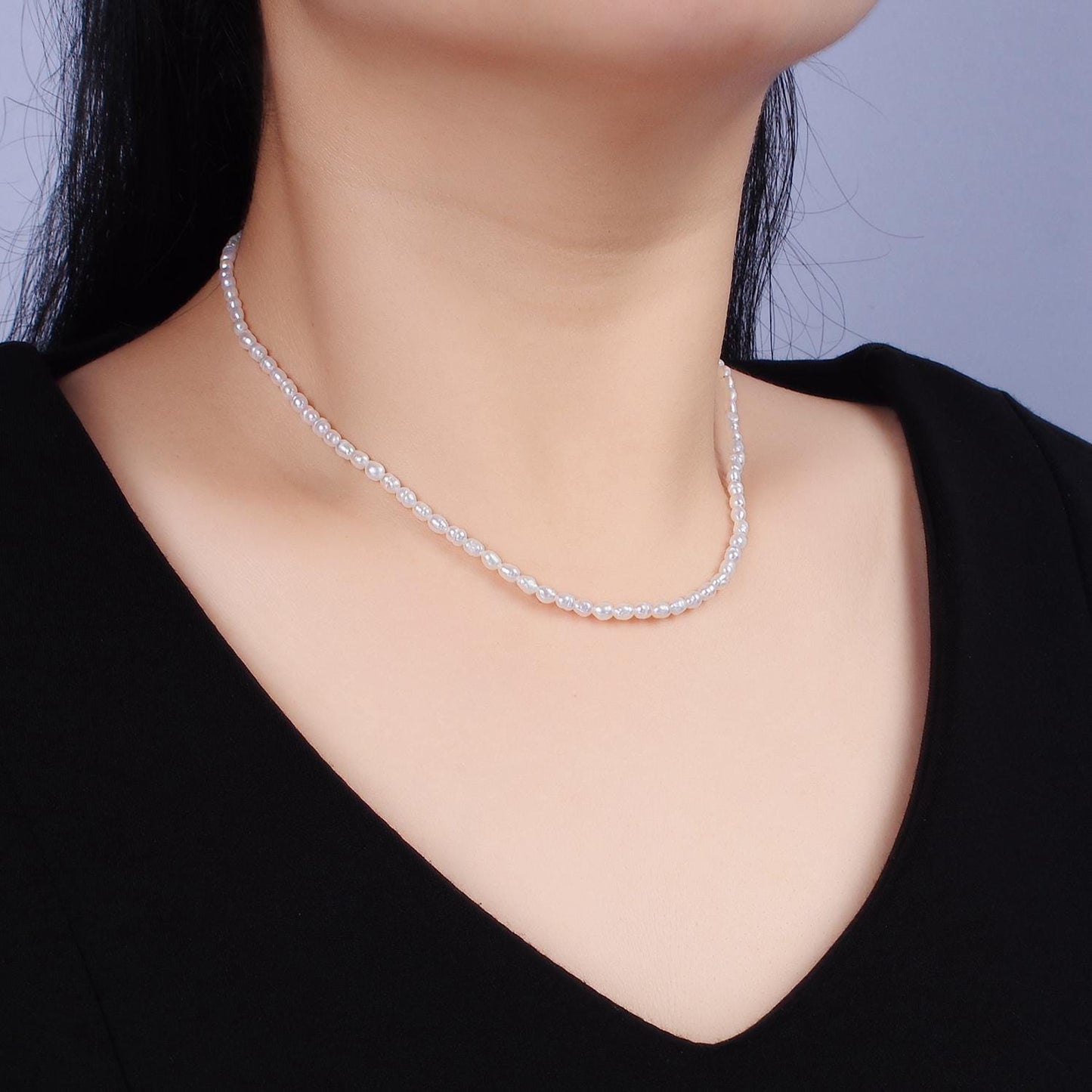 Handmade 3mm Natural Freshwater Pearl Choker Necklace 14.17 inch + 2 inch extender WA-1990