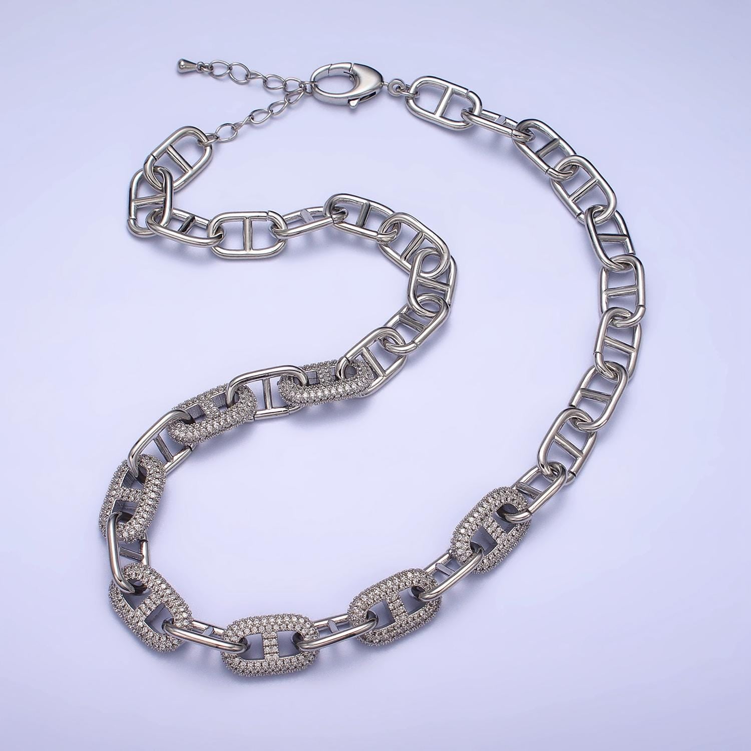 Chunky Anchor Chain Necklace 17 inch Iced Mariner Designed Chain Gold, Silver Layer Statement Necklace WA-1613