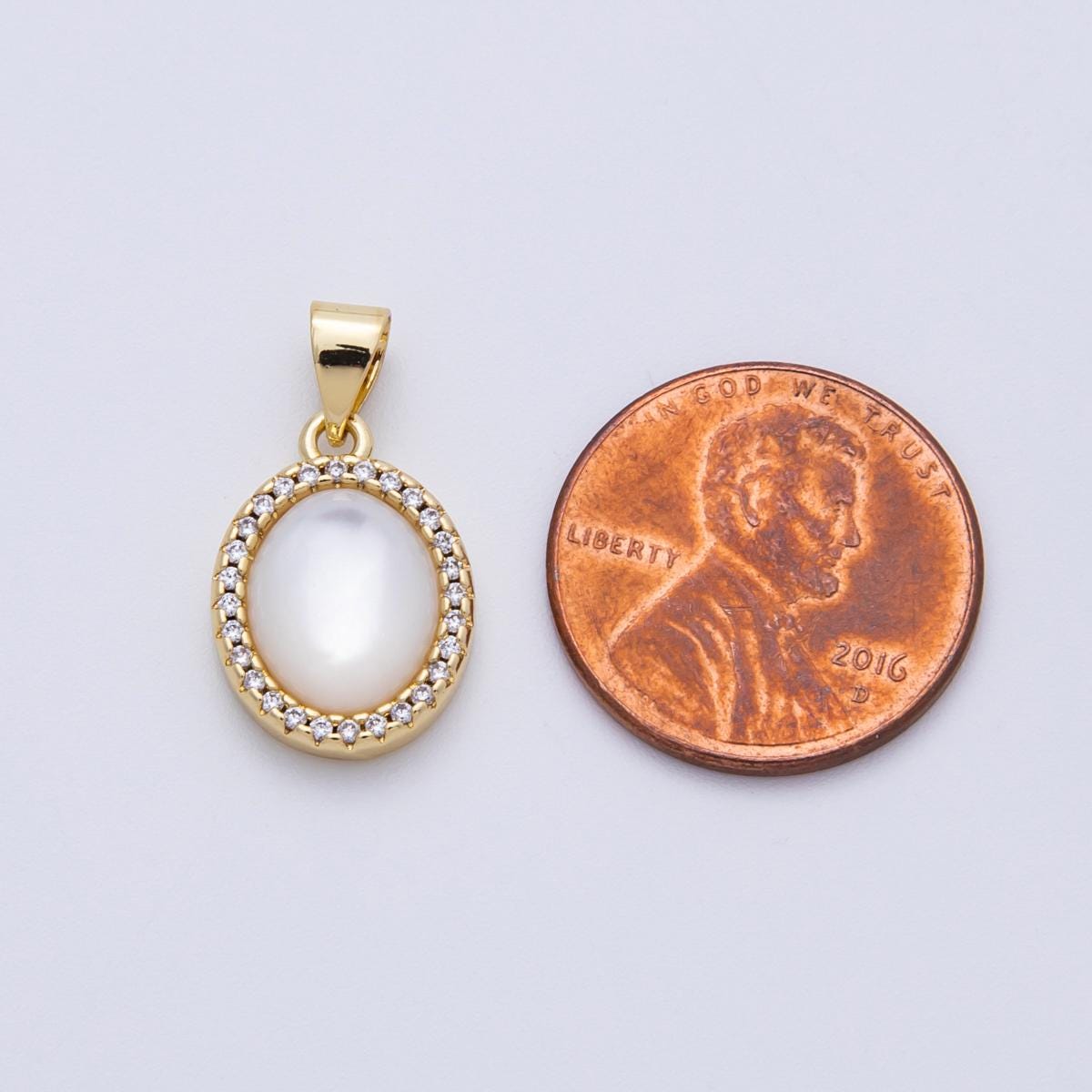 14K Gold Filled 16mm Shell Pearl Cabochon Micro Paved CZ Oval Pendant Dainty Gift for her DIY Jewelry Supply for custom necklace | AA1510