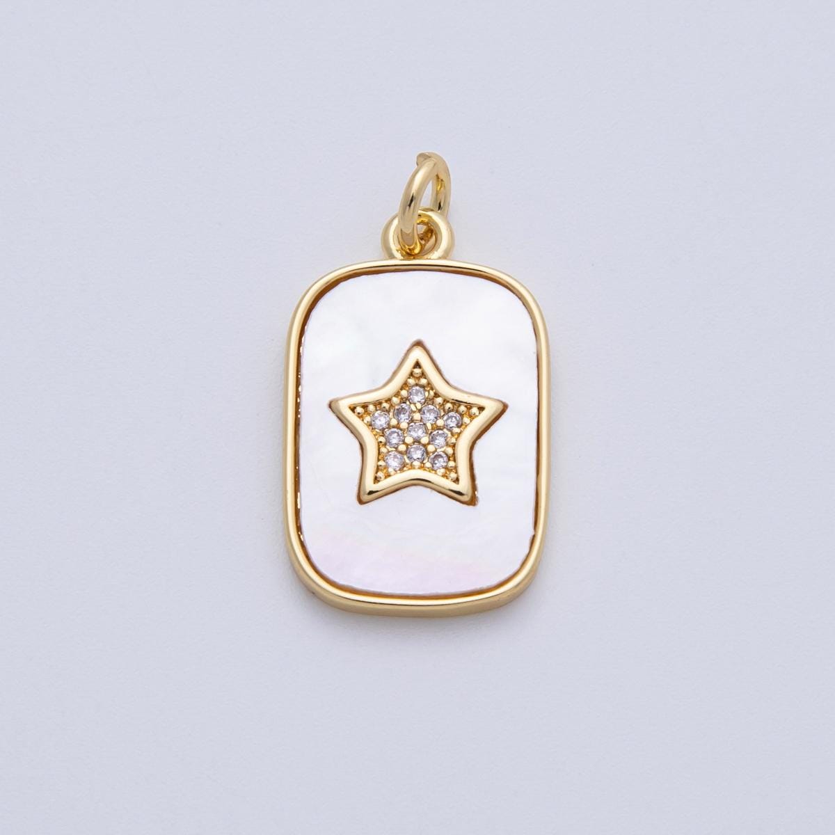 14K Gold Filled 21mm Micro Paved CZ Star Shell Pearl Rectangle Charm celestial pendant minimalist stargazer gift DIY supply | C977