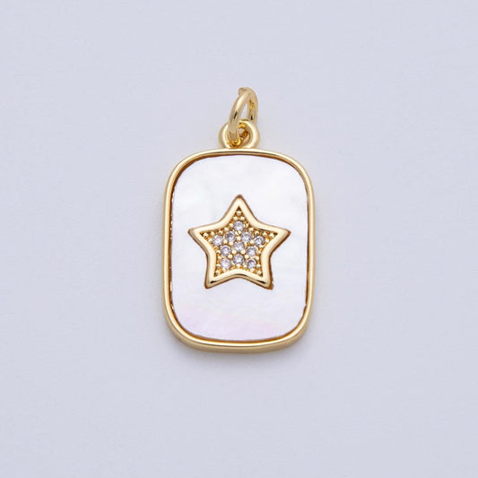 14K Gold Filled 21mm Micro Paved CZ Star Shell Pearl Rectangle Charm celestial pendant minimalist stargazer gift DIY supply | C977