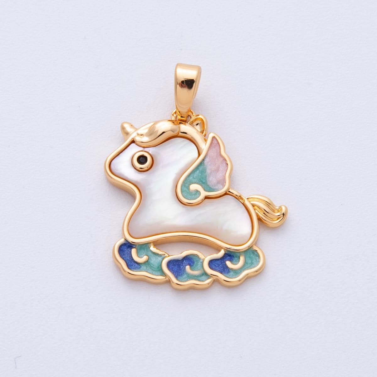 18k gold filled 20.2mm Shell Pearl Unicorn Pendant Mythical Creature Iridescent Charm DIY Jewelry Supply for custom necklace | CHARMS-00095
